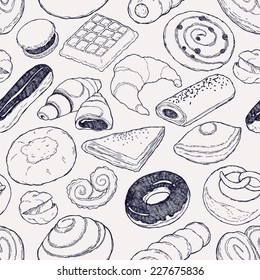 Vector hand drawn pastries seamless pattern featuring croissant, belgian waffle, eclair, cinnamon roll, macaron and more | Sweet bakery products set wrapping paper vector seamless bright pattern