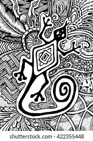 Vector hand drawn pattern. Anti stress coloring book page for adult. ethnic design with lizard