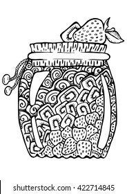Vector hand drawn pattern. Anti stress coloring book page for adult. Stylized jar with jam and strawberry. Sketch by trace