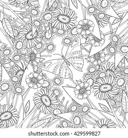 Vector hand drawn pattern. Anti stress coloring book page for adult. Black and white ornament with flowers and butterfly.