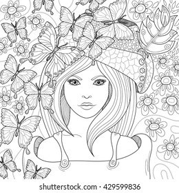 Vector hand drawn pattern. Anti stress coloring book page for adult. Coloring book page for adult. image of beautiful girl's face in hat with flowers and butterflies