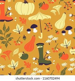 Vector Hand Drawn Pattern with Autumn Elements in Doodle Style.