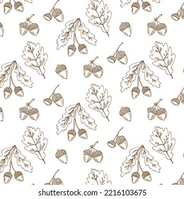 Vector hand drawn pattern with autumn elements contours: foliage, berries and acorns on white background. Maple, sycamore, birch, beech and oak tree leaves. Line art for your design.