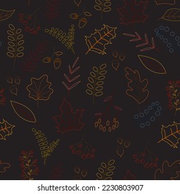 Vector hand drawn pattern with autumn elements on the dark gray background. Chalkboard imitation. Vector illustration