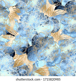 Vector hand drawn pattern with blue watercolor and gold peony flowers. Floral luxury background
