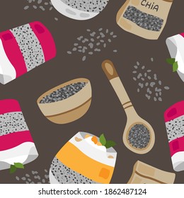 Vector hand drawn pattern of chia pudding and seeds. Chia pudding, chia seeds pattern. Superfood. Food illustration. Vegetarian.