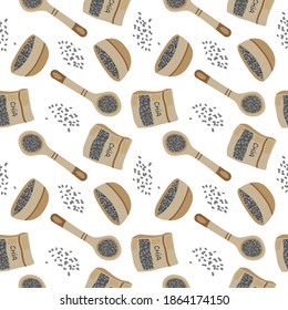 Vector hand drawn pattern of chia seeds. Chia seeds pattern. Superfood. Food illustration. Vegetarian.