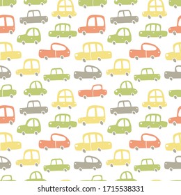 vector hand drawn pattern, cute cars in retro style