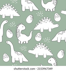 Vector hand drawn pattern with cute dinos. Pink dinosaurs with eggs and dots in doodle style. Children's wallpapers, printing on fabrics, clothes.