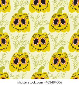 Vector hand drawn pattern with decorated pumpkins. Halloween seamless background. Day of the dead illustration in cartoon style. Holiday backdrop