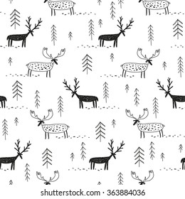 vector hand drawn pattern with deers moose and trees