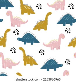 Vector hand drawn pattern with dinosaurs. Cute dino with dots in doodle style. Children's wallpaper.