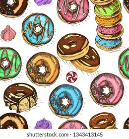 Vector hand drawn pattern donut. Vintag card menu bagel.