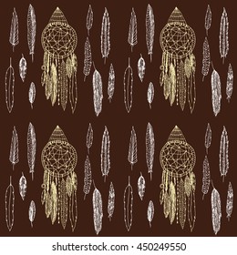 Vector hand drawn pattern with dream catchers and feathers on dark background. Boho and folk style image, decoration of sources and production, illustration for books, magazines, wrapping paper. 