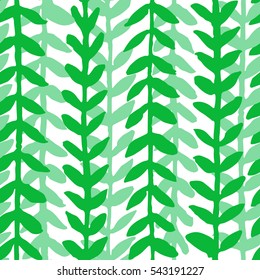 Vector hand drawn pattern with green branches and leaves for printing onto paper or decoration, fabric print, paper card, table cloth, textile, fashion on white background.