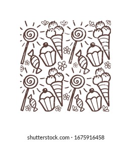 Vector hand drawn pattern of ice cream, cupcake, lollipop, candy. Line art background for kid's, fashion, candy, fabric store or shop, café, bakery, invitation, certificate, poster, wallpaper, frame