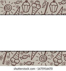 Vector hand drawn pattern of ice cream, cupcake, lollipop, candy. Line art background for kid's, fashion, candy, fabric store or shop, café, bakery, invitation, certificate, poster, wallpaper, frame