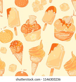 A vector hand drawn pattern with icecream. Summer theme colorful art for advertising, banners, leaflets and menu. Blue tint, doodle style.