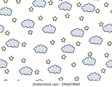 
Vector hand drawn pattern of night sky. Clouds  and stars. Cute wallpaper for a children's room. Illustration for newborns. Simple seamless pattern