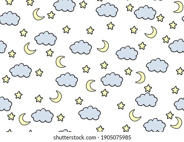 
Vector hand drawn pattern of night sky. Clouds, stars, moon. Cute wallpaper for a children's room. Illustration for newborns. Simple seamless pattern