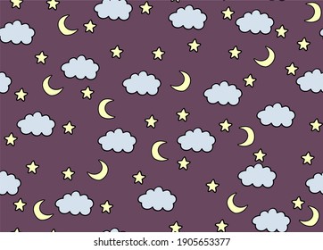 
Vector hand drawn pattern of night sky. Clouds, stars, moon. Cute wallpaper for a children's room. Illustration for newborns. Simple seamless pattern
