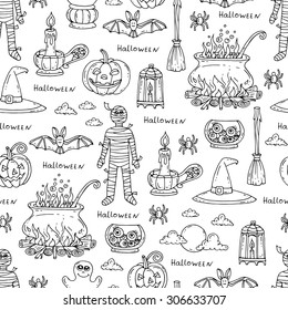 Vector hand drawn pattern on the theme of Halloween. Halloween symbols-pumpkin, candle,  mummy, cauldron, broom, spider on white color. Background for use in design, web site, packing, textile, fabric