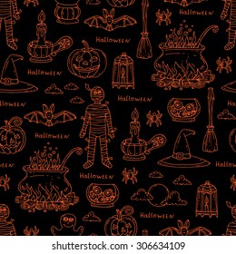 Vector hand drawn pattern on the theme of Halloween. Halloween symbols-pumpkin, candle,  mummy, cauldron, broom, spider on black color. Background for use in design, web site, packing, textile, fabric