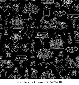Vector hand drawn pattern on the theme of Halloween. Pattern with Halloween symbols - pumpkins, candle, houses, trees on black color. Background for use in design, web site, packing, textile, fabric