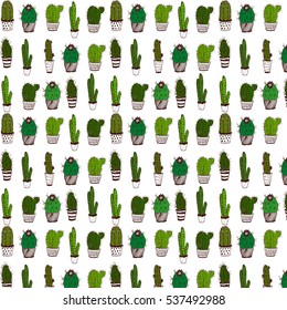Vector hand drawn pattern with a lot of partly colored cactuses on white. Decoration and background, textile, cloth, stationery, printed goods, childlike style.