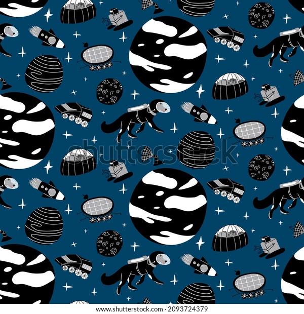 Vector hand drawn pattern of planet\
colonization in black and white colors on blue background. Dog\
astronaut, spaceship and futuristic vehicles for exploring space\
and uncharted planets and\
satellite.