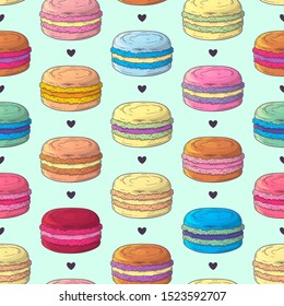 Vector hand drawn pattern. Realistic french dessert - macaroons. Each object can be changed and moved for your design.