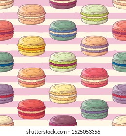 Vector hand drawn pattern. Realistic french dessert - macaroons. Each object can be changed and moved for your design.