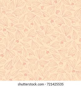 Vector hand drawn pattern with red autumn oak leaves and acorns contours on the beige background. Fall ornament with foliage.
