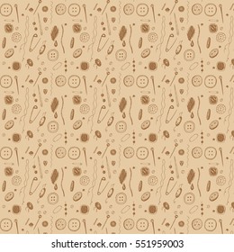 Vector hand drawn pattern for sewing theme buttons, needles, threads, different pins and others. Background for different purposes, wallpaper, tissue and wrapping paper.