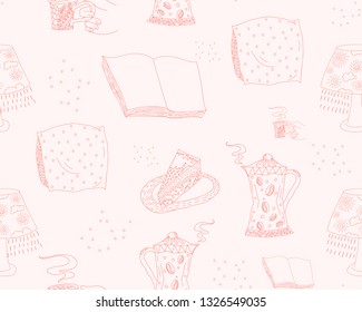 vector hand drawn pattern with some cozy things. hygge and house comfort themes, printed goods.