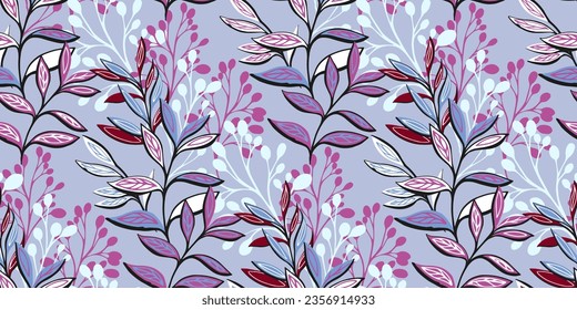  Vector hand drawn pattern with stylized branches foliage. Artistic seamless background with  modern, colorful leaves branches. Abstract silhouettes branches. Template for design