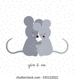 Vector hand drawn pattern with stylized cartoon embracing mouse on the white background. Valentines day card with love mouse