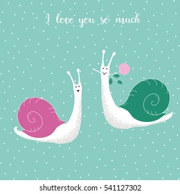 Vector hand drawn pattern with stylized cartoon snails on the light background. Valentines day card with love snails