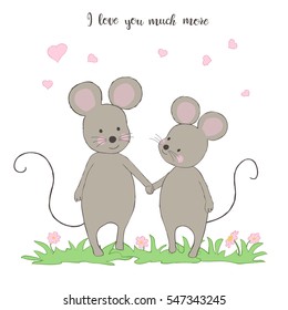 Vector hand drawn pattern with stylized cartoon embracing mouse on the white background. Valentines day card with love mouse.