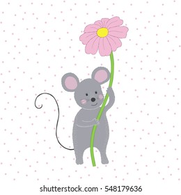 Vector hand drawn pattern with stylized cartoon mouse on the white background. Valentines day card with love mouse.