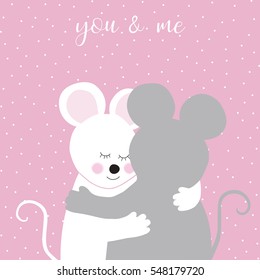 Vector hand drawn pattern with stylized cartoon embracing mouse on the pink background. Valentines day card with love mouse.