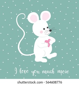 Vector hand drawn pattern with stylized cartoon mouse on the light background. Birthday card with love mouse