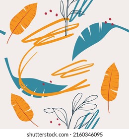 Vector hand drawn pattern with tropical leaves. Orange and green banana leaves, doodles and twigs. Trendy modern wallpaper.