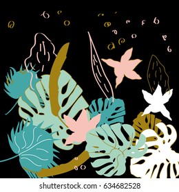 Vector hand drawn pattern with tropical leaves and flowers. An idea for design.