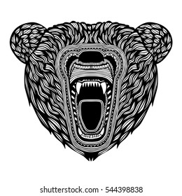 Vector hand drawn patterned head of the growling angry bear. It may be used for design of a t-shirt, bag, postcard, a poster and so on.
