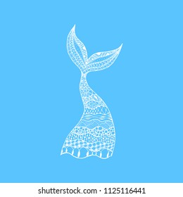Vector hand drawn patterned mermaid and whale tail. White mermaid tail on blue background