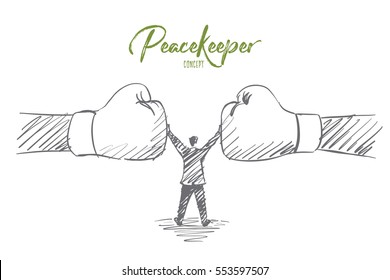 Vector hand drawn Peacekeeper concept sketch with man standing between two human fists and preventing them from fighting
