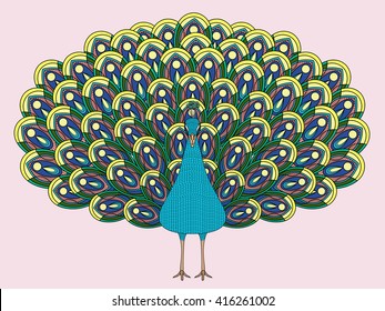 Vector hand drawn peacock coloring page in exquisite style