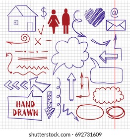vector hand drawn pen drawing arrows, icons set on copybook page. Hand drawn doodle symbols collection
