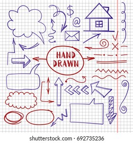 vector hand drawn pen drawing arrows, icons set on copybook page. Hand drawn doodle symbols collection
